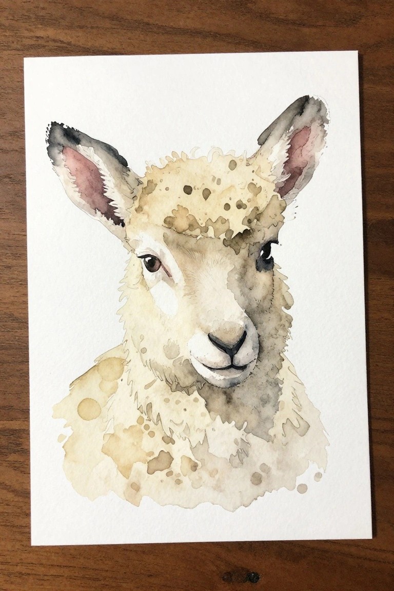 Watercolor painting of a fluffy lamb with beige wool and pink ears