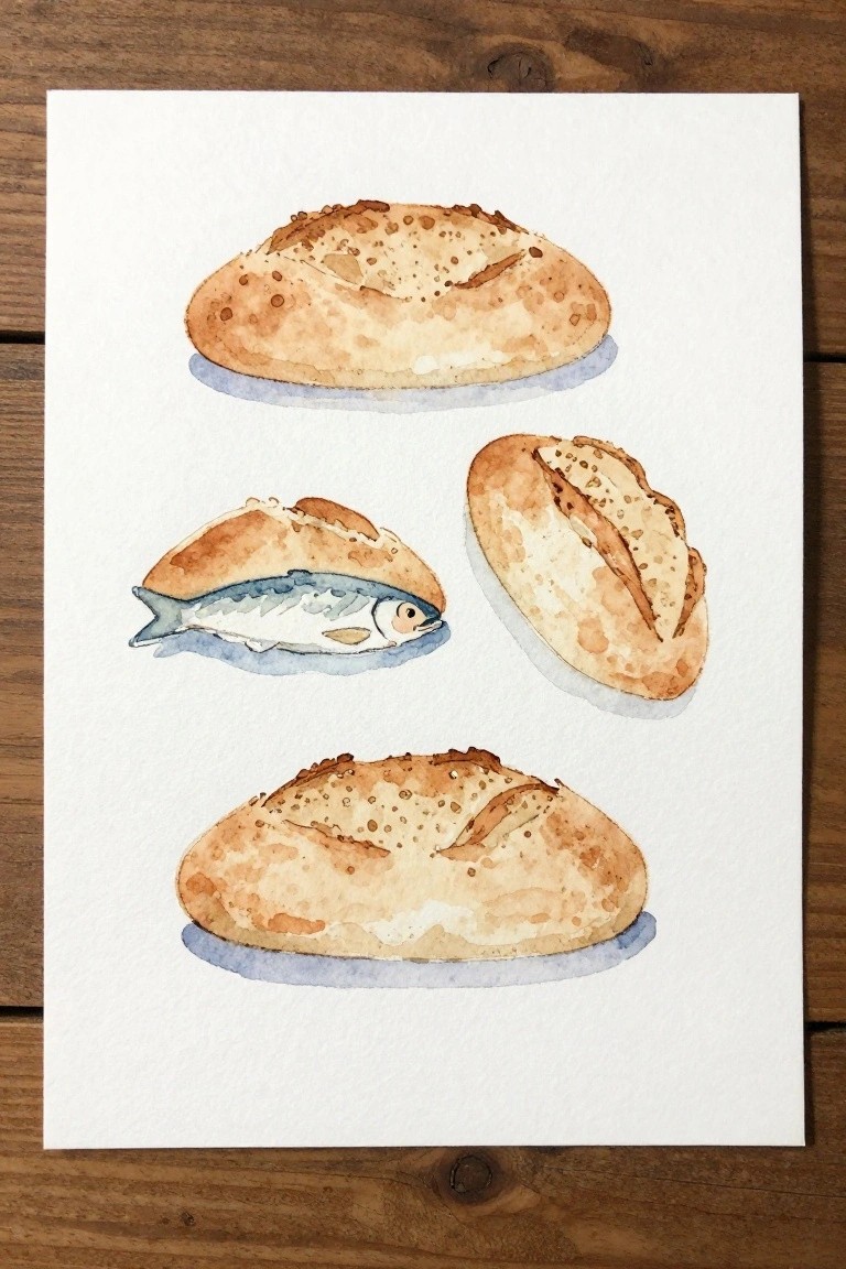 Three watercolor loaves of bread and one blue fish on white paper