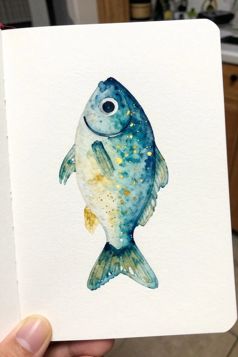Watercolor fish in blue and green with gold dots on open sketchbook page held by hand