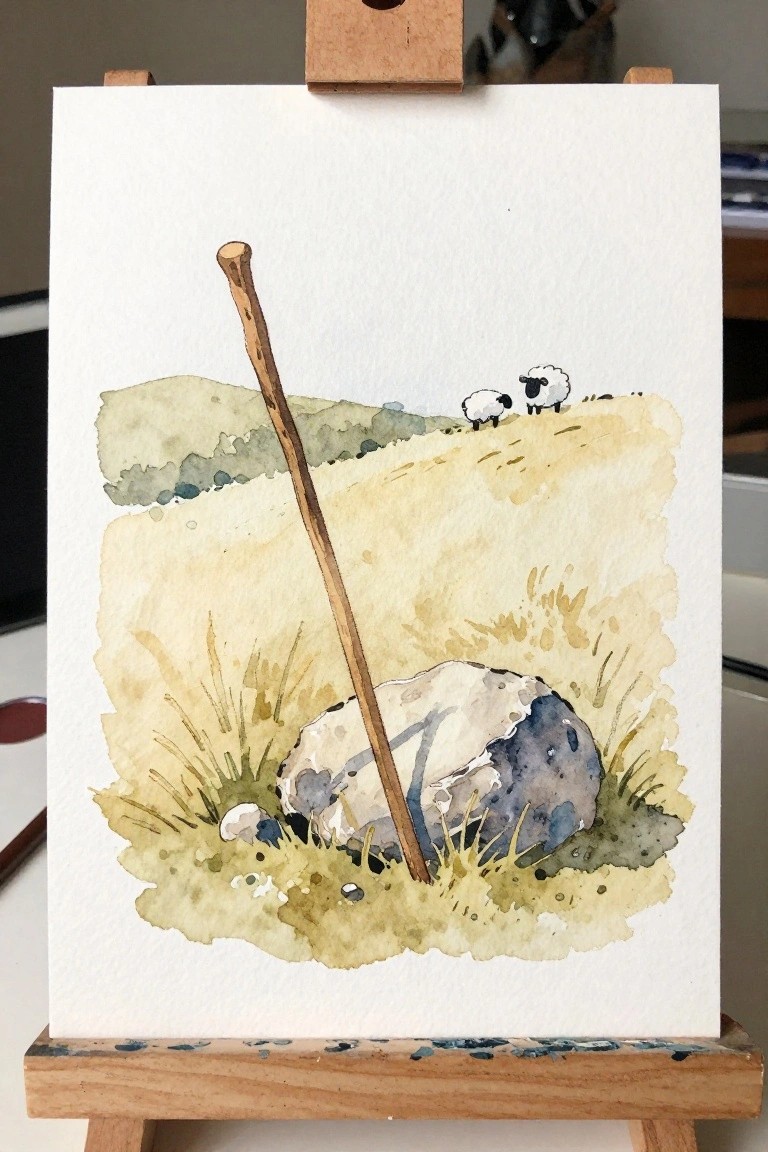 Watercolor of wooden staff by rock, two sheep on distant grassy hill