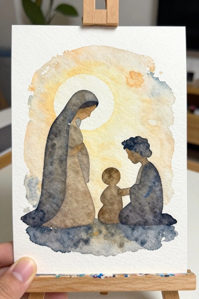 Watercolor nativity with veiled Mary standing, kneeling Joseph, and baby Jesus on easel