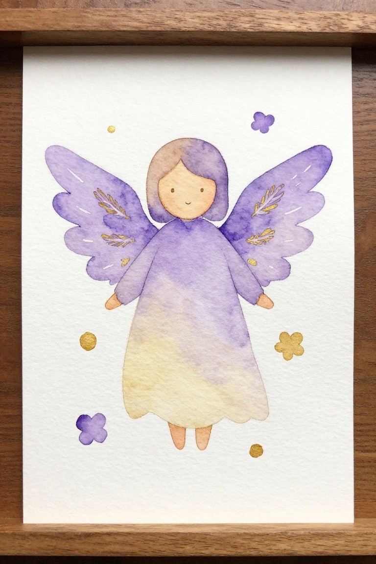 Watercolor angel with purple wings and gradient dress, gold leaf accents, floral decorations.
