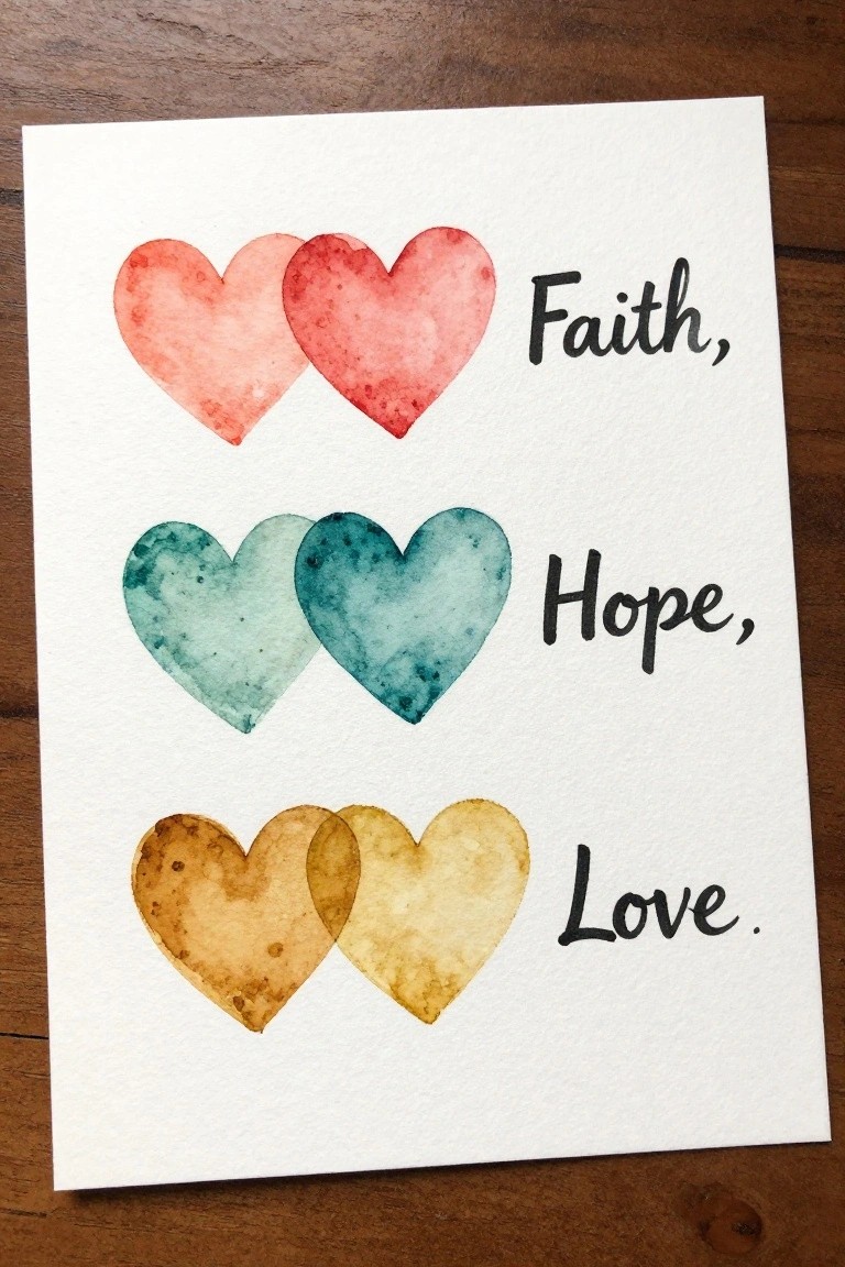 Watercolor card with overlapping hearts in red, teal, and yellow beside Faith, Hope, Love.