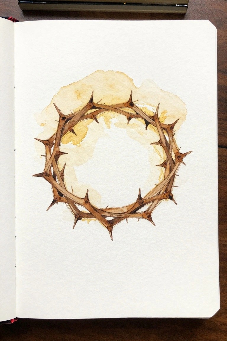 A watercolor painting of a brown crown of thorns centered on white paper with a soft yellow wash in the background.