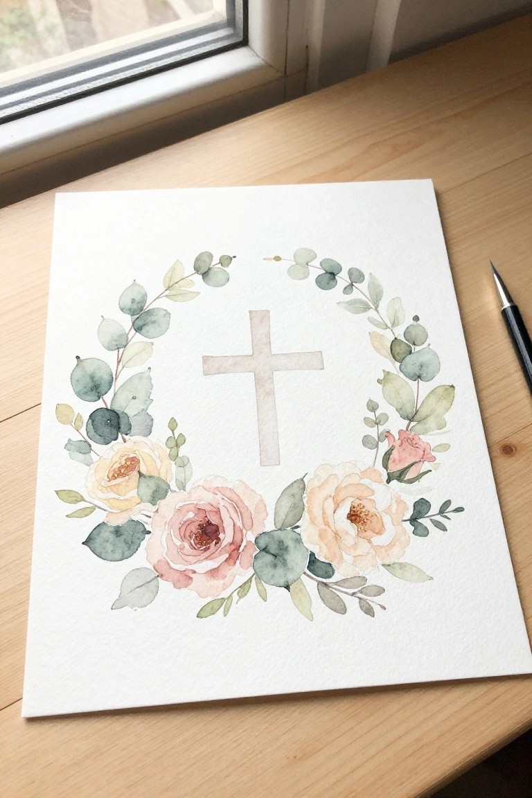 Watercolor floral wreath with pink roses, greenery, and central cross on paper