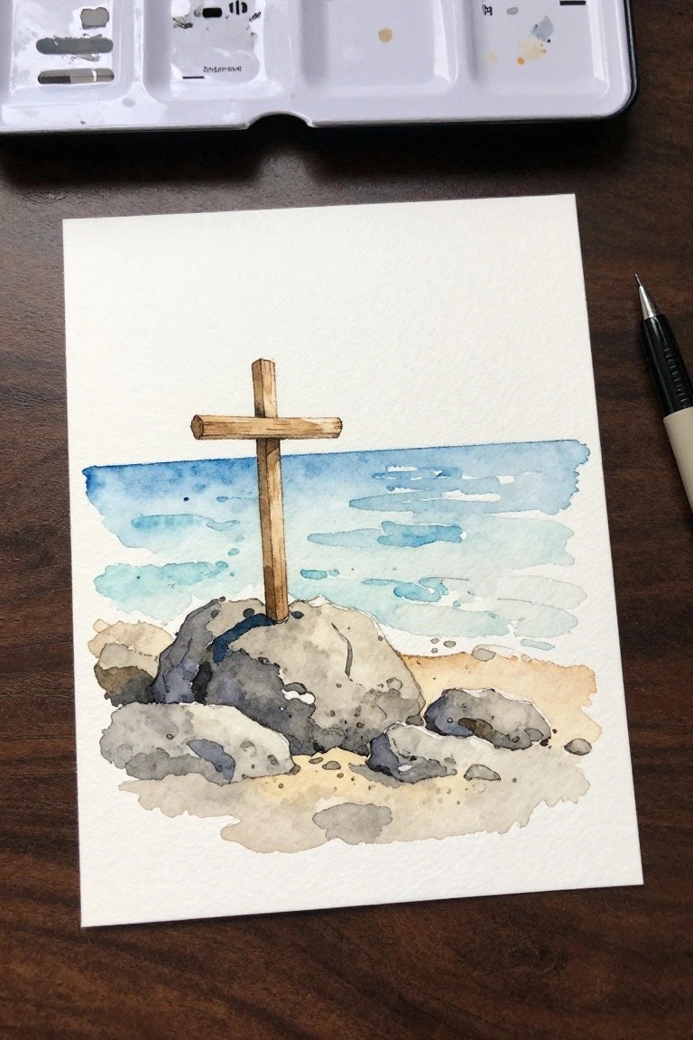 Watercolor painting of wooden cross on rocks by blue ocean, palette and pen nearby.