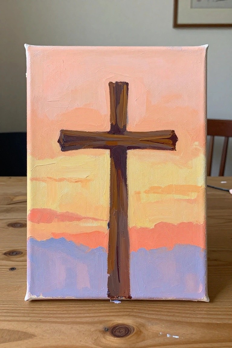 Dark brown cross centered on canvas with soft peach, orange, yellow and blue sunset background.