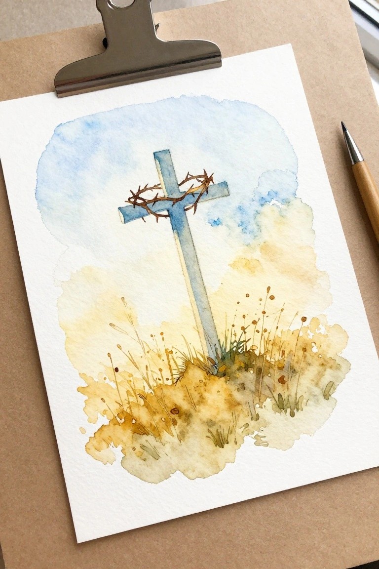 Watercolor of blue cross with crown of thorns against cloudy sky above golden grass
