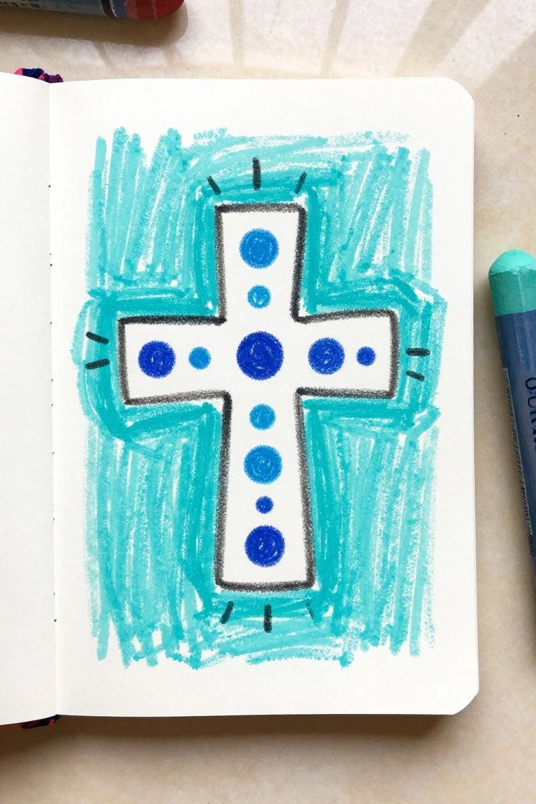 Open sketchbook with turquoise scribbles framing a black-outlined cross filled with blue dots.