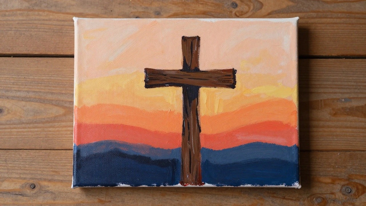Dark brown cross centered on canvas with soft peach, orange, yellow and blue sunset background.