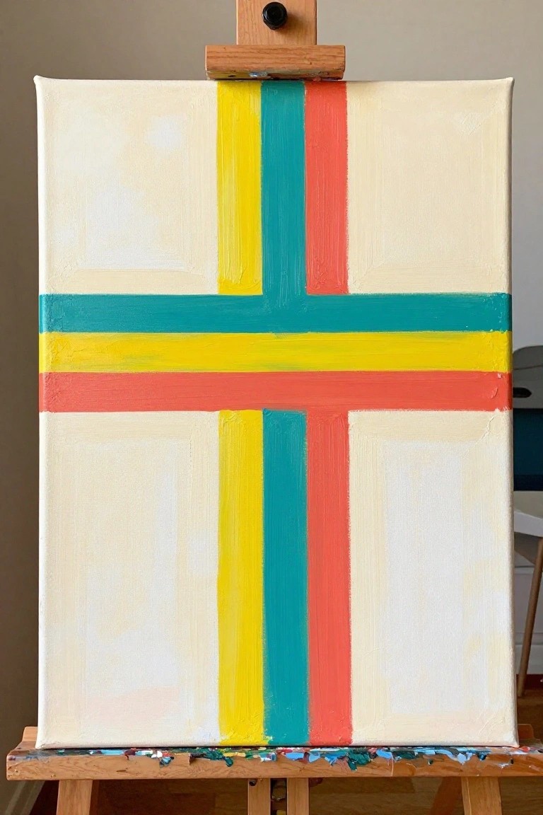 Abstract geometric painting with yellow, teal, and red stripes forming cross on easel.