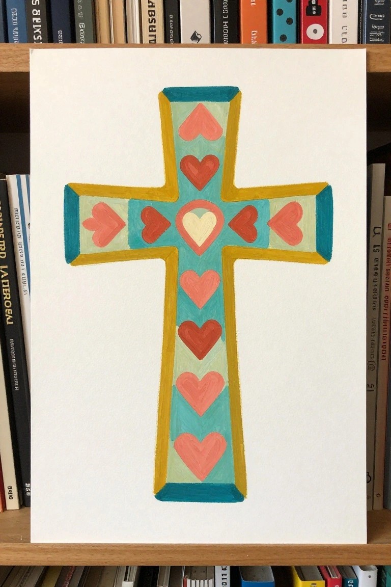 Colorful cross painting with hearts in teal, yellow, and red on bookshelf