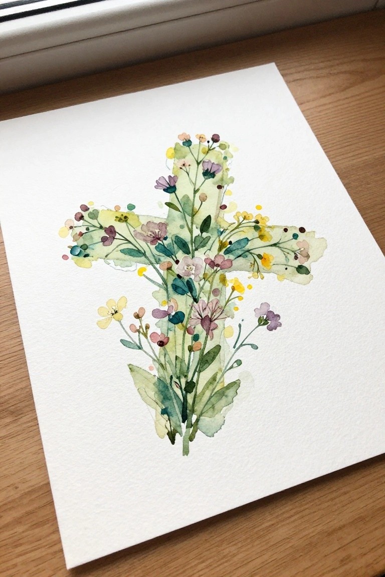 Watercolor painting of floral cross with pastel flowers and green leaves on white paper