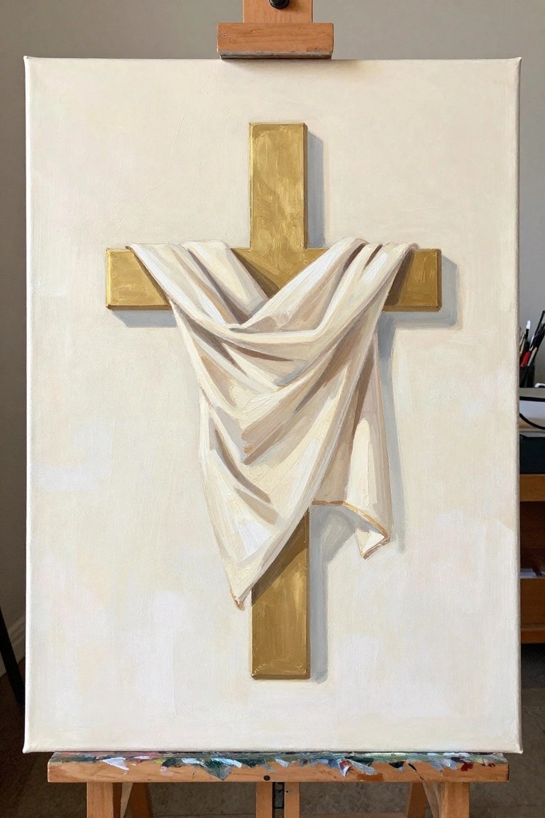 A painting of a golden cross with a white draped cloth on a canvas against a plain background.