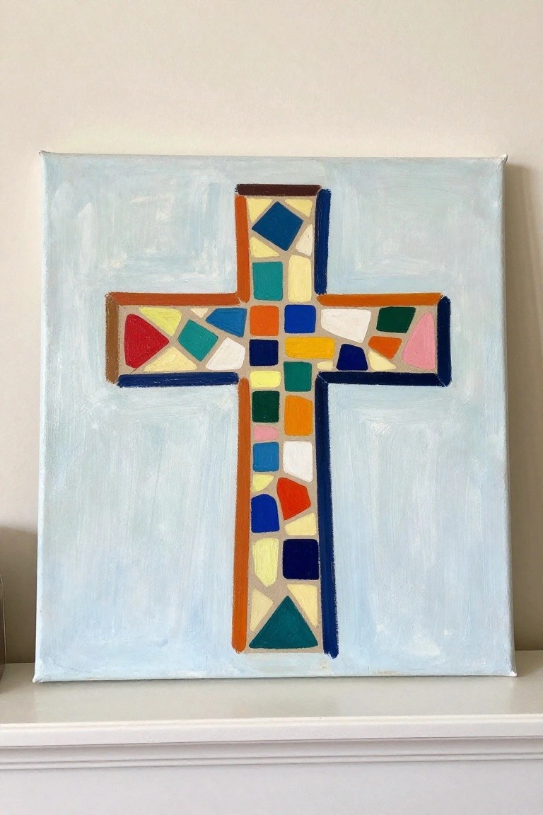 Colorful mosaic cross with red blue green yellow tiles on light blue canvas