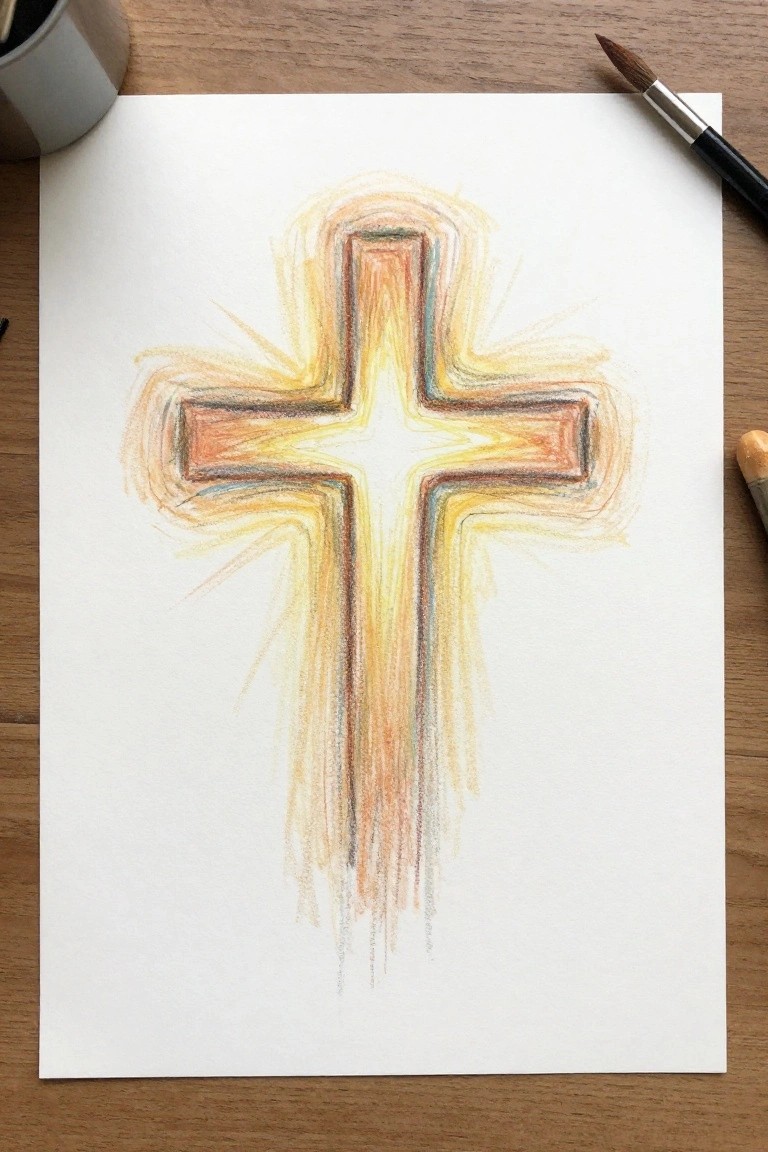 Glowing cross drawing in yellow and orange with radiating lines on white paper