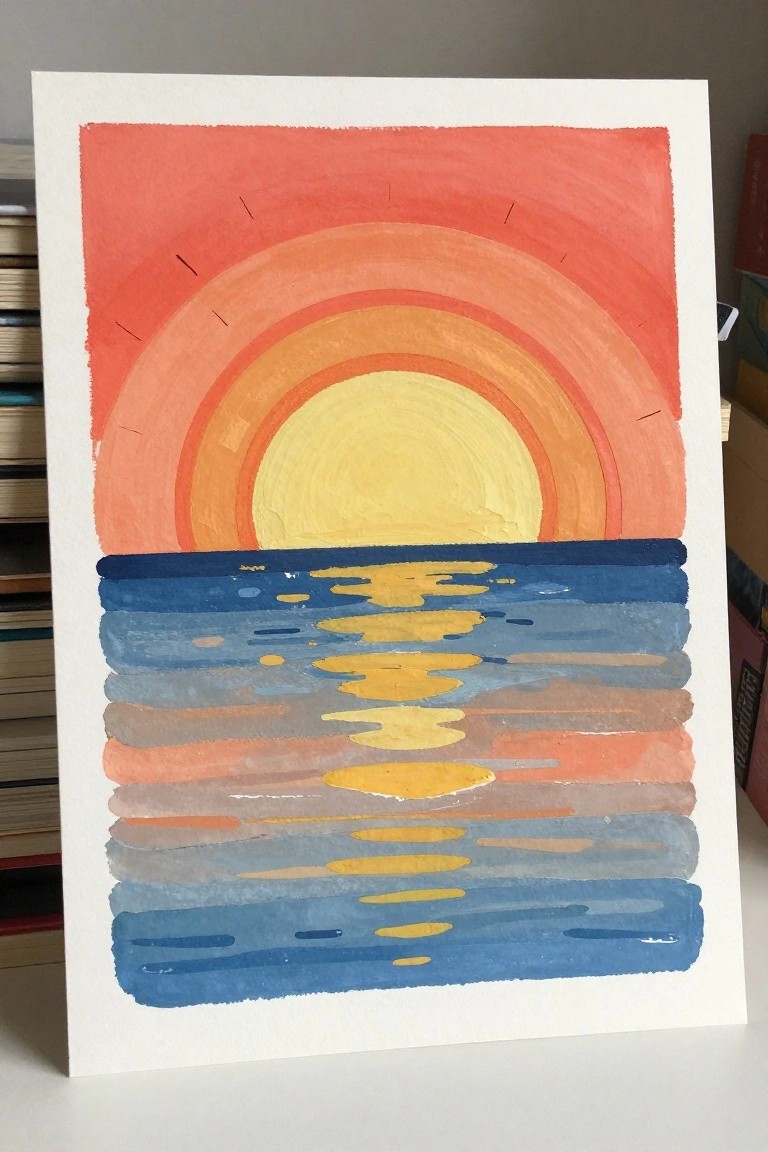 A painting of a yellow sun setting with orange and red arcs above layered blue water with yellow reflections.