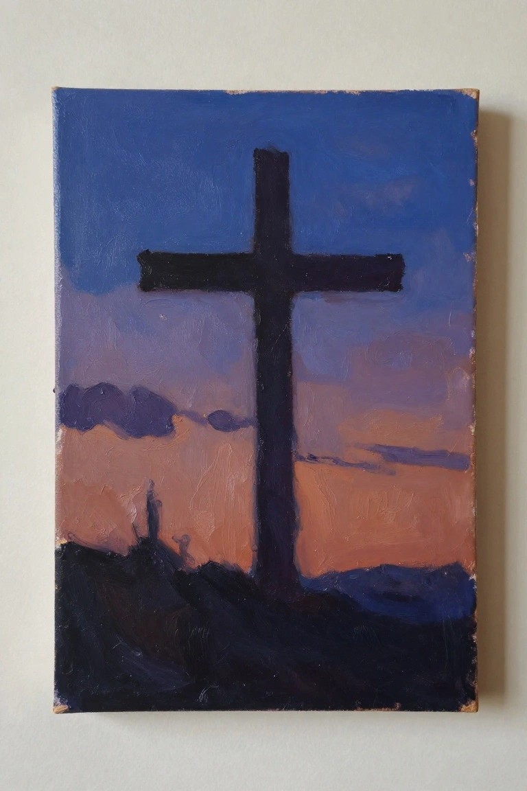 Silhouetted black cross against blue purple orange sunset sky above dark hills