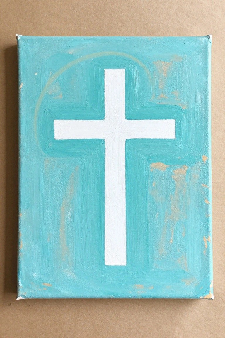 White cross centered on textured turquoise canvas with gold accents and brushstrokes