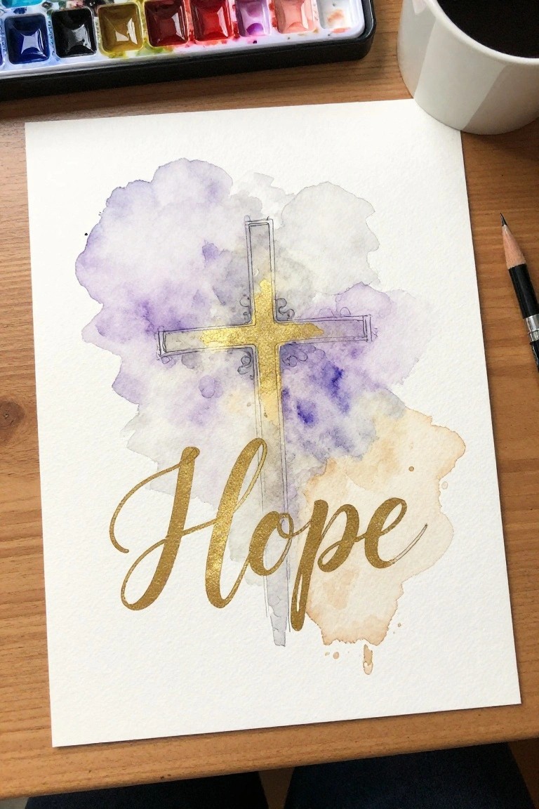 Watercolor cross with gold 