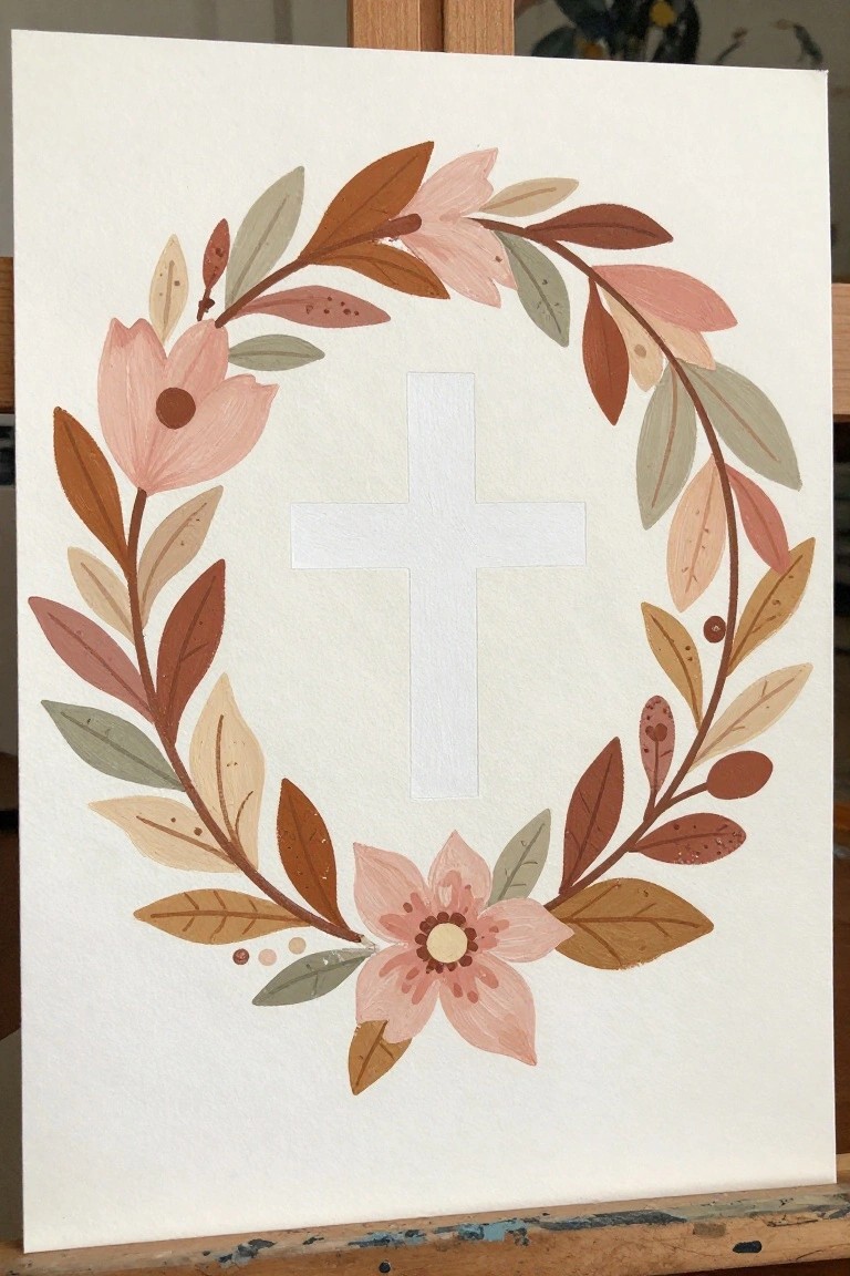 White cross centered amid pink floral wreath with brown and green leaves