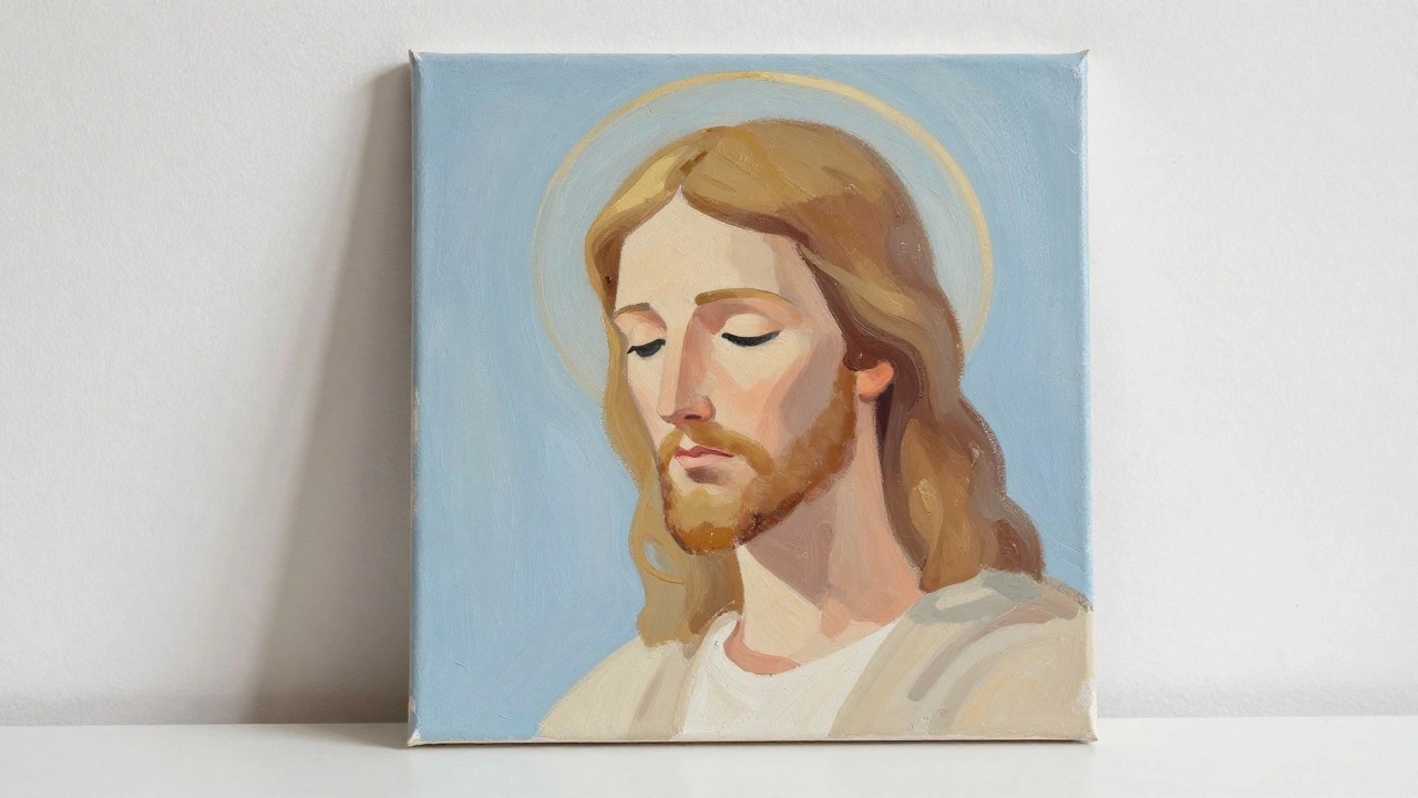 Oil painting of Jesus with long brown hair, beard, golden halo, blue robe