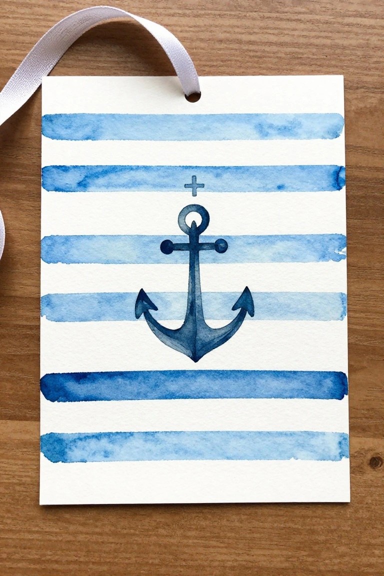 Blue striped watercolor card with central anchor, cross, and white ribbon on wood