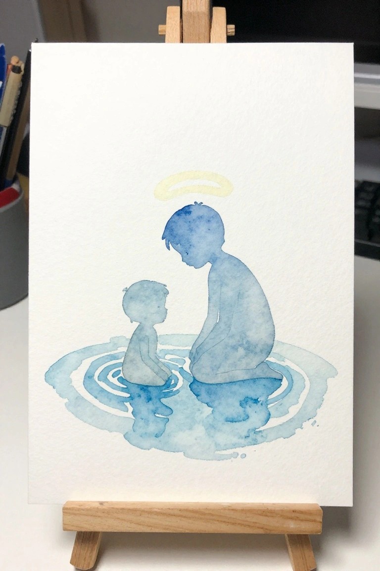 Watercolor painting of two blue child silhouettes kneeling in rippled water with yellow halo