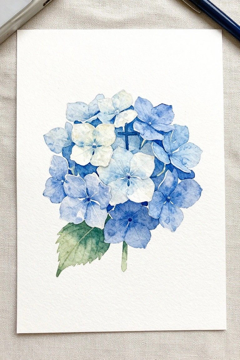 Watercolor painting of blue hydrangea flowers with green leaf on white paper