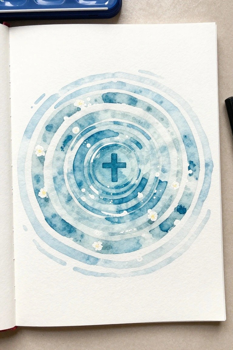 Watercolor painting of blue concentric circles with central cross and scattered white flowers in open sketchbook.