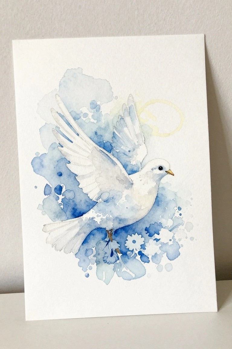 White dove in flight amid blue watercolor splashes, flowers, and yellow halo