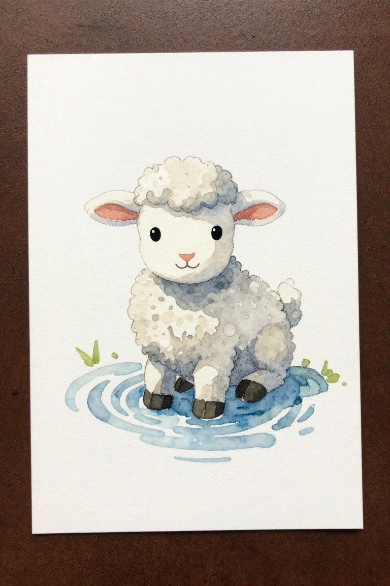 Watercolor lamb with fluffy gray wool standing in rippling blue puddle with grass