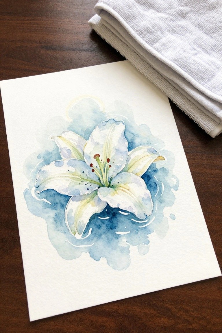 Watercolor white lily painting with blue splashes on paper beside folded white towel.