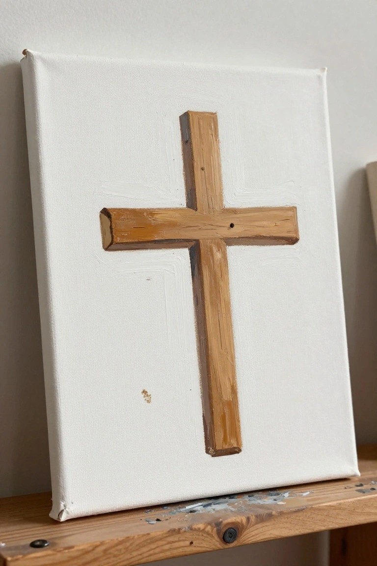 Wooden cross painted in brown tones on white canvas atop paint-stained shelf.