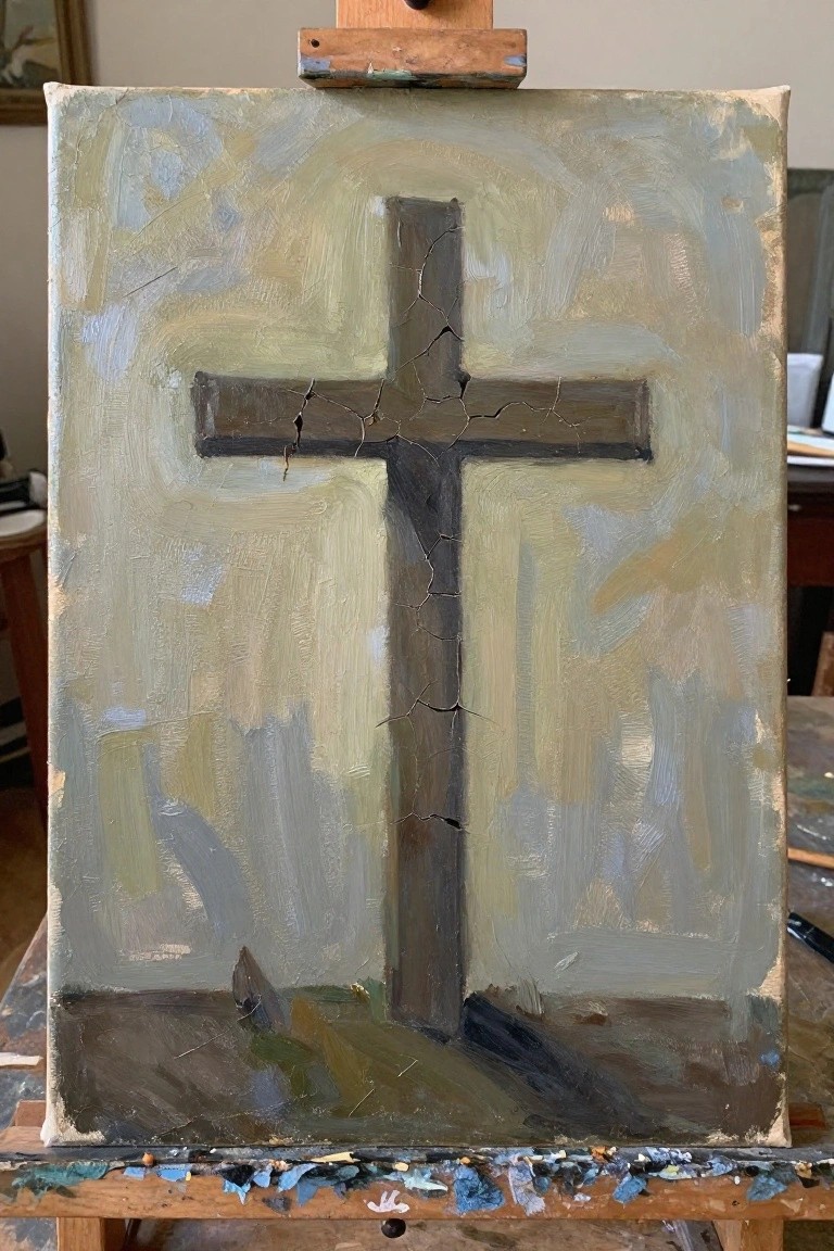 Oil painting of cracked wooden cross on muted greenish-gray canvas atop easel
