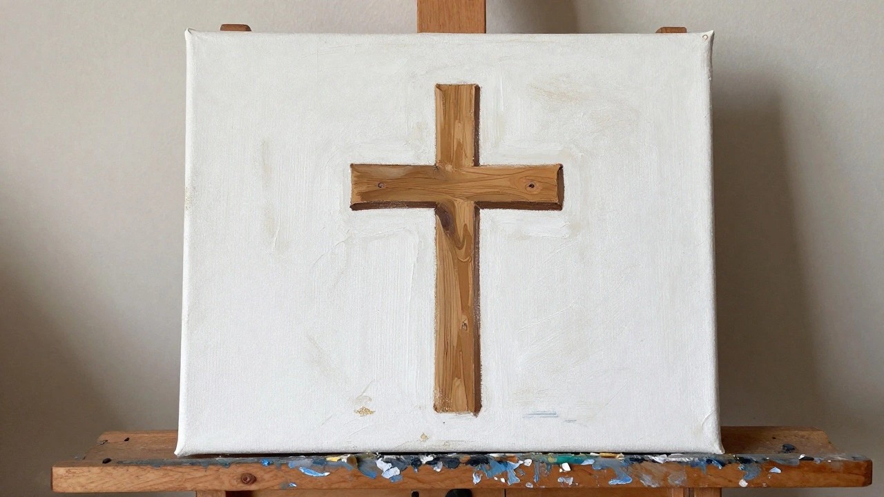 Wooden cross painted in brown tones on white canvas atop paint-stained shelf.