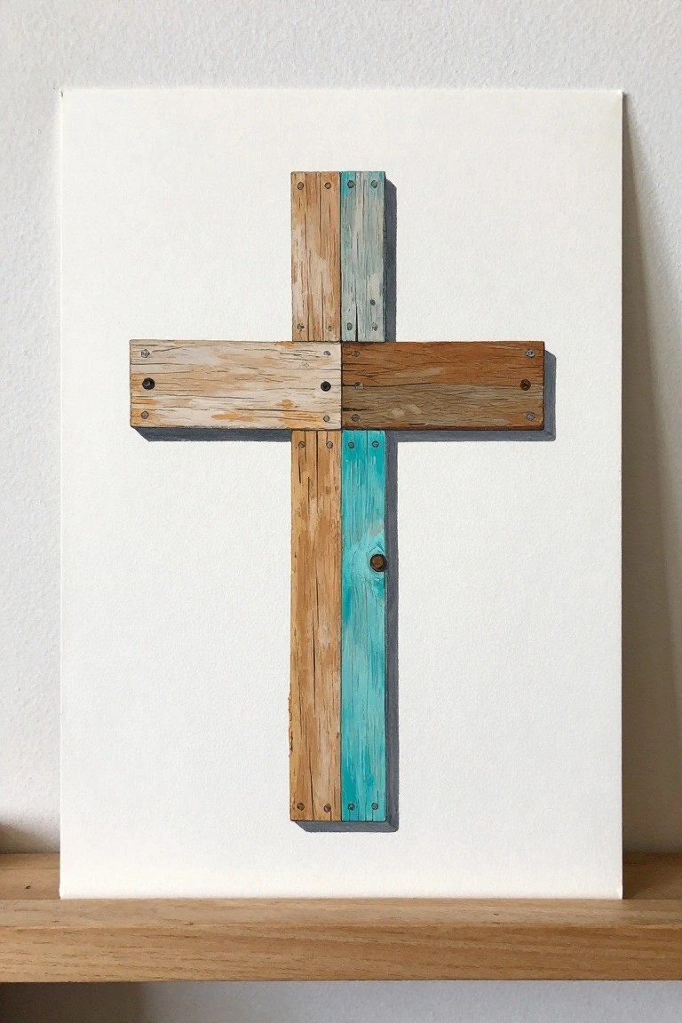 Rustic wooden cross with brown and turquoise planks on white canvas with screws