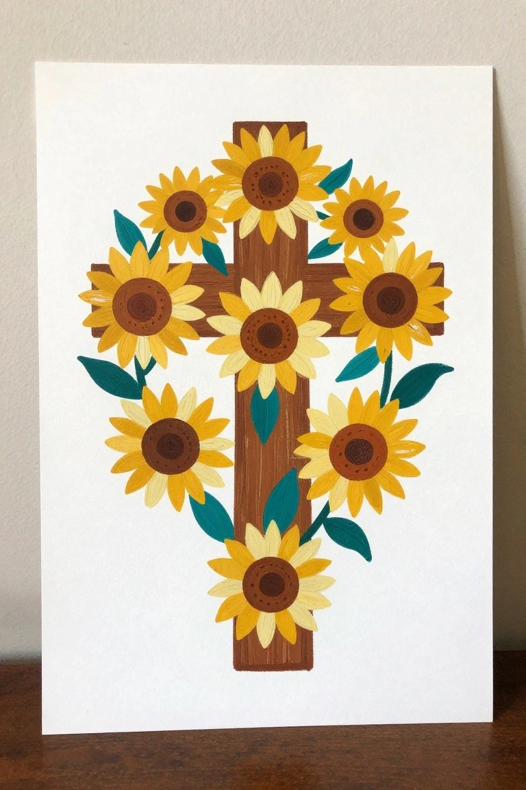 Wooden cross adorned with yellow sunflowers and green leaves on white canvas