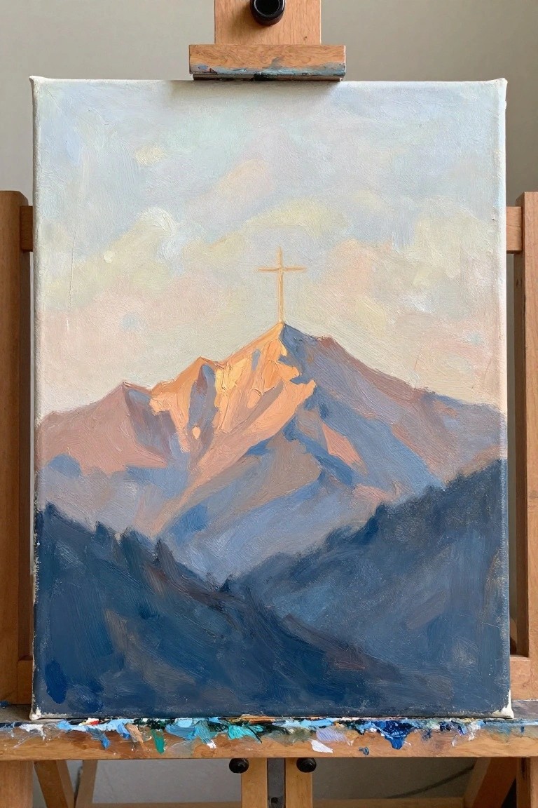 Mountain painting with golden cross on peak, on wooden easel with paint splatters