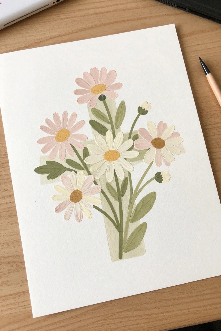 Watercolor painting of pink and white daisies arranged around a light green cross on white paper.