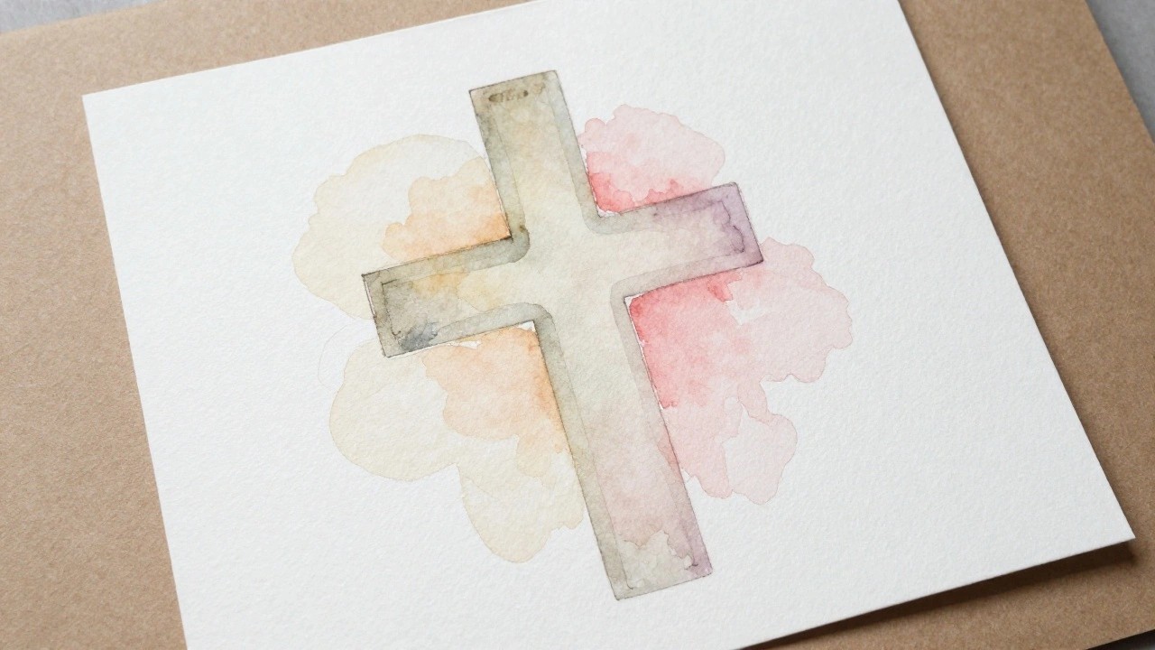 Watercolor cross in soft pink, green, and yellow washes on textured white paper beside brush.