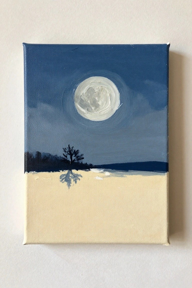 Minimalist painting of full moon above silhouetted tree on pale snowy ground.