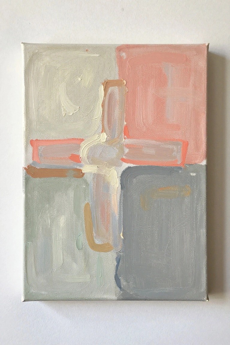 Abstract painting with muted pink, green, and gray geometric shapes and overlapping brushstrokes
