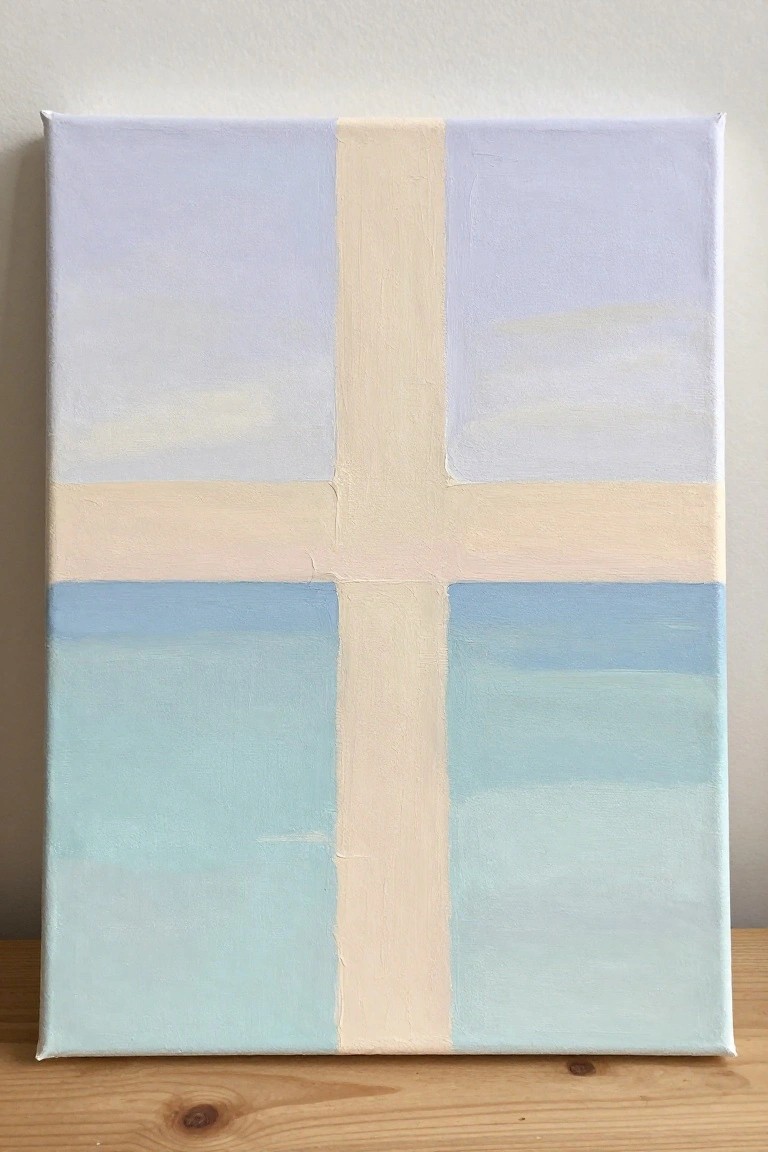Abstract canvas with beige cross dividing soft lavender and turquoise quadrants on wood floor