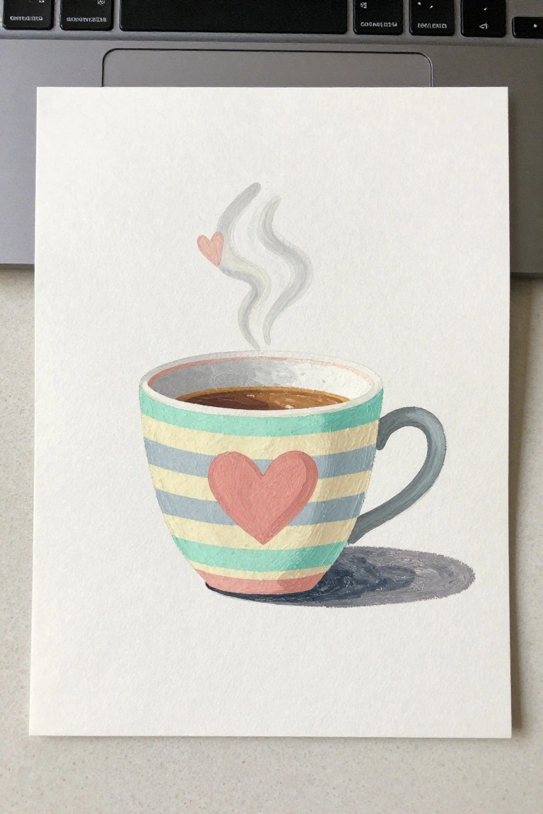 A painting of a pastel striped coffee mug with a pink heart on the front and steam lines with a small heart above it on white paper.