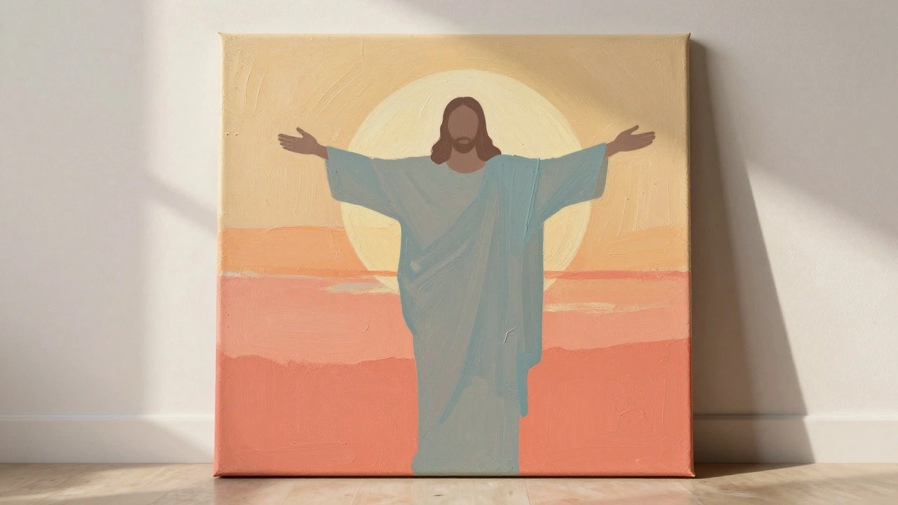 Painting of robed figure with arms outstretched before vibrant pink-orange sunset sky.