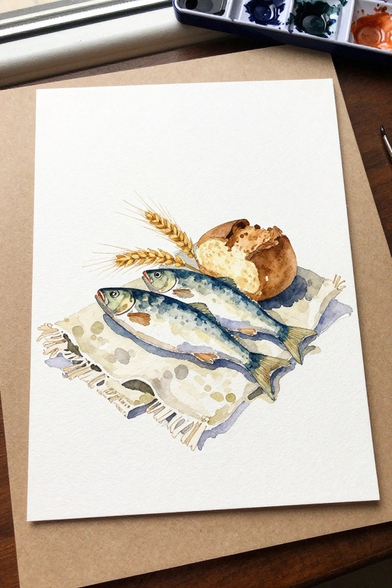 Watercolor of two blue fish, crusty bread, and wheat on a fringed cloth