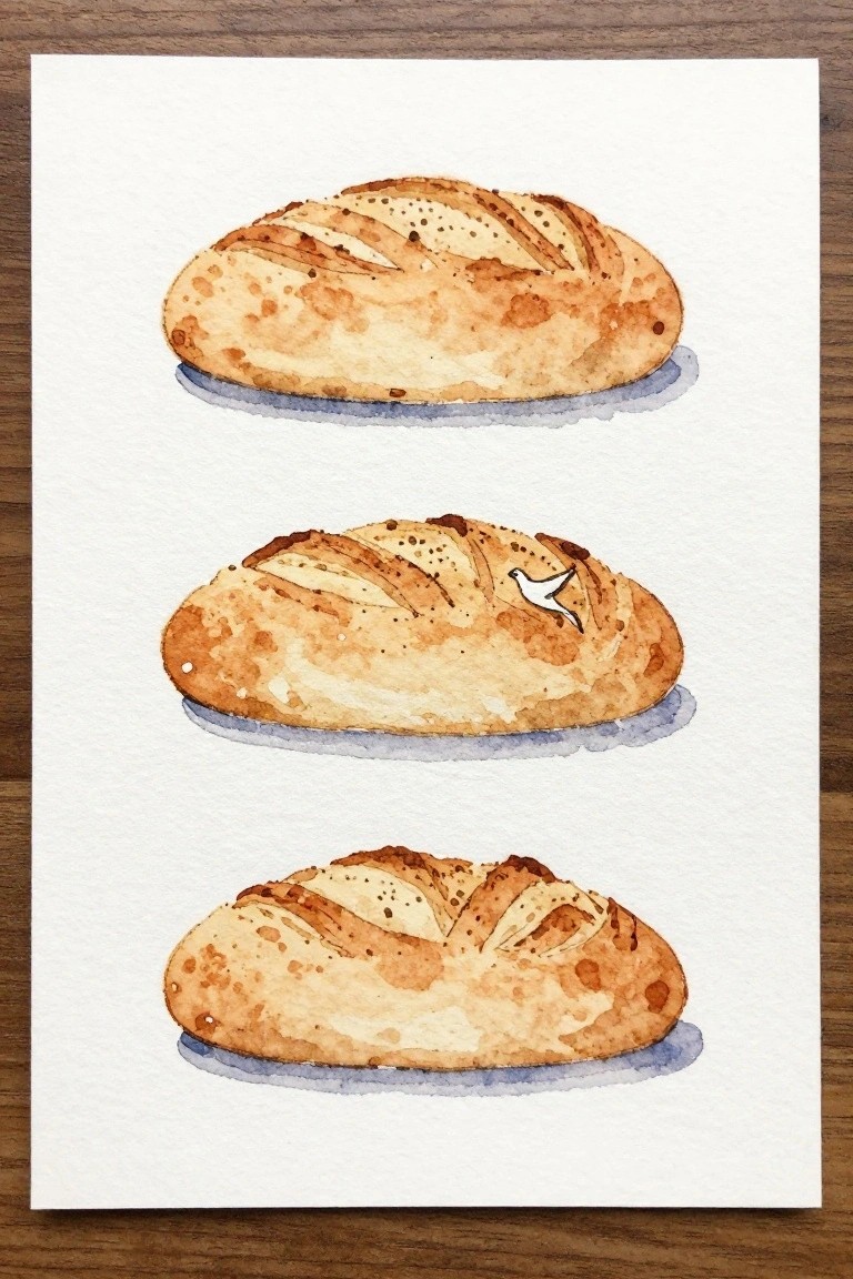 Three watercolor bread loaves stacked vertically, bird on middle loaf