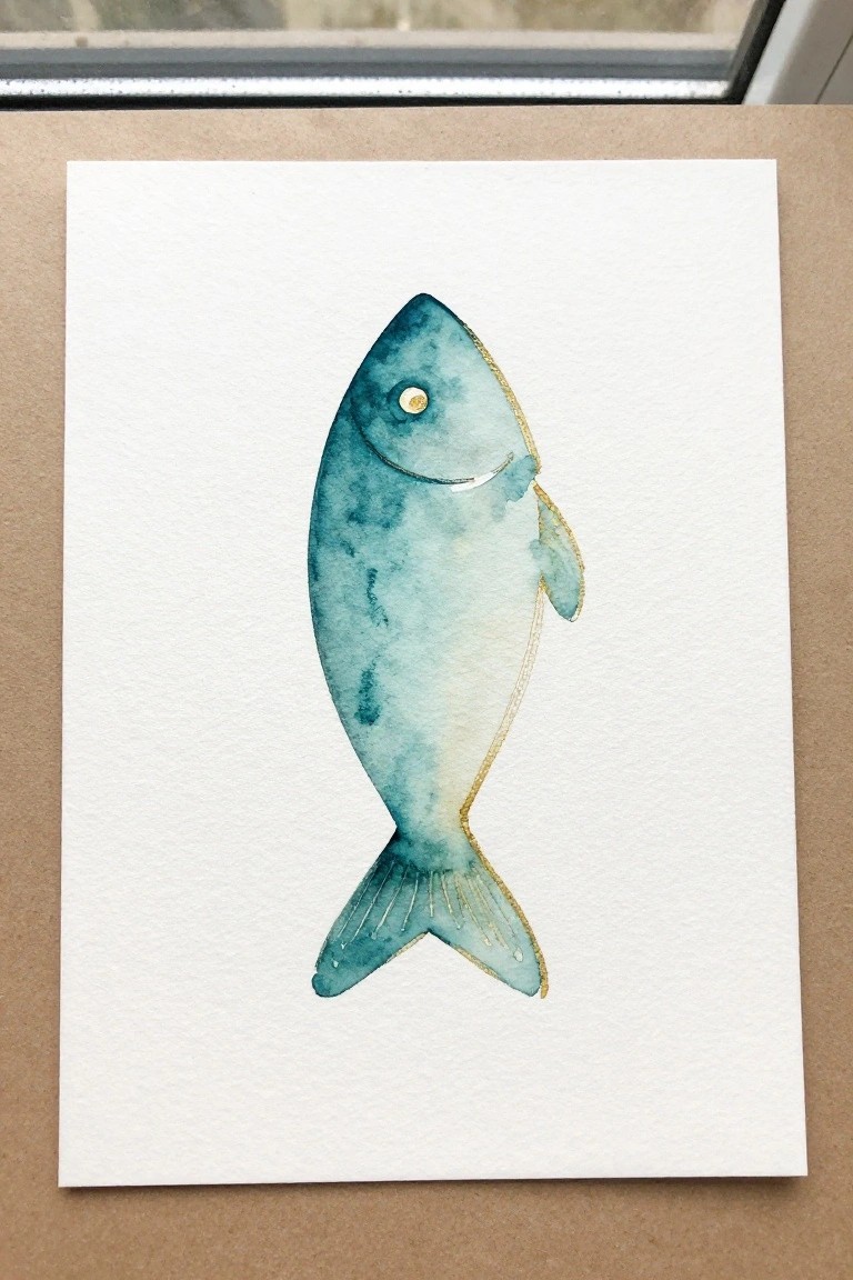Watercolor painting of teal fish with gold accents on white paper over brown surface