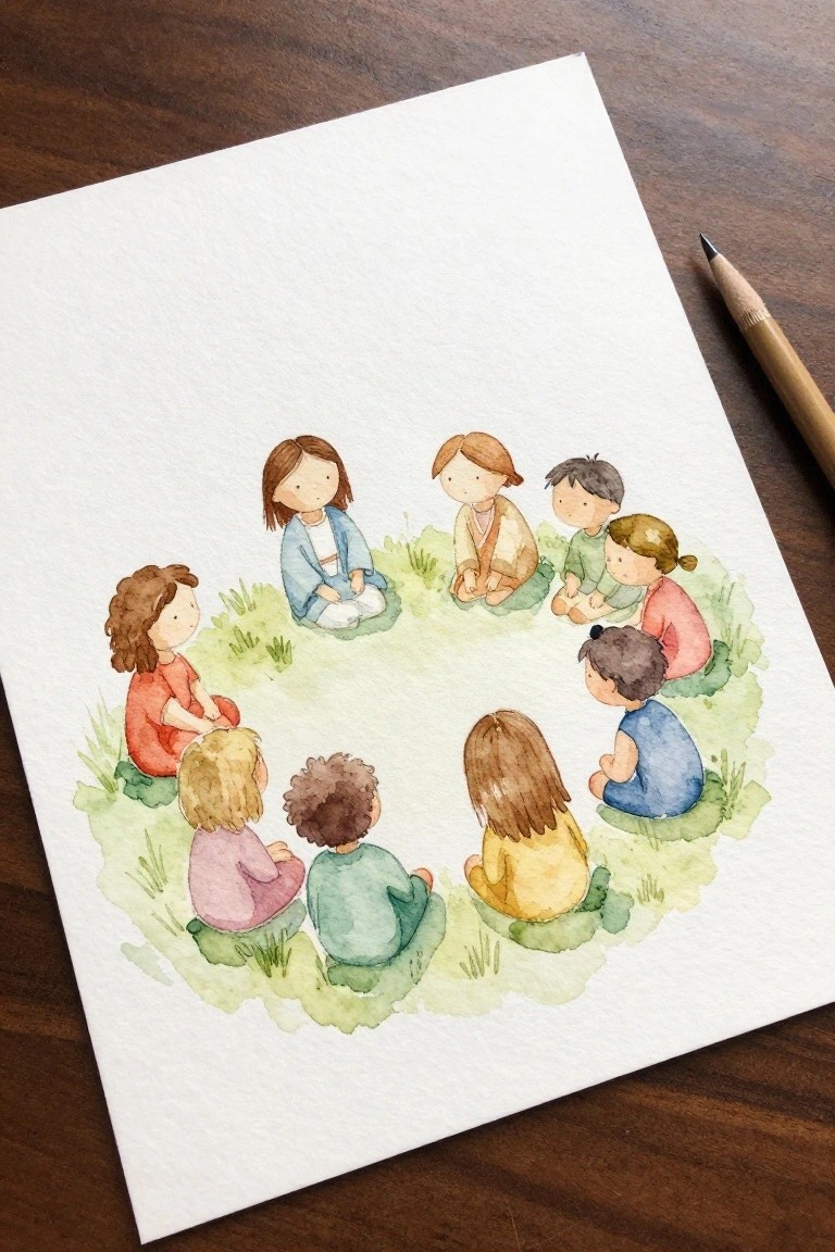 A watercolor painting of children sitting in a circle on patches of green grass with a pencil resting on the paper to the right.